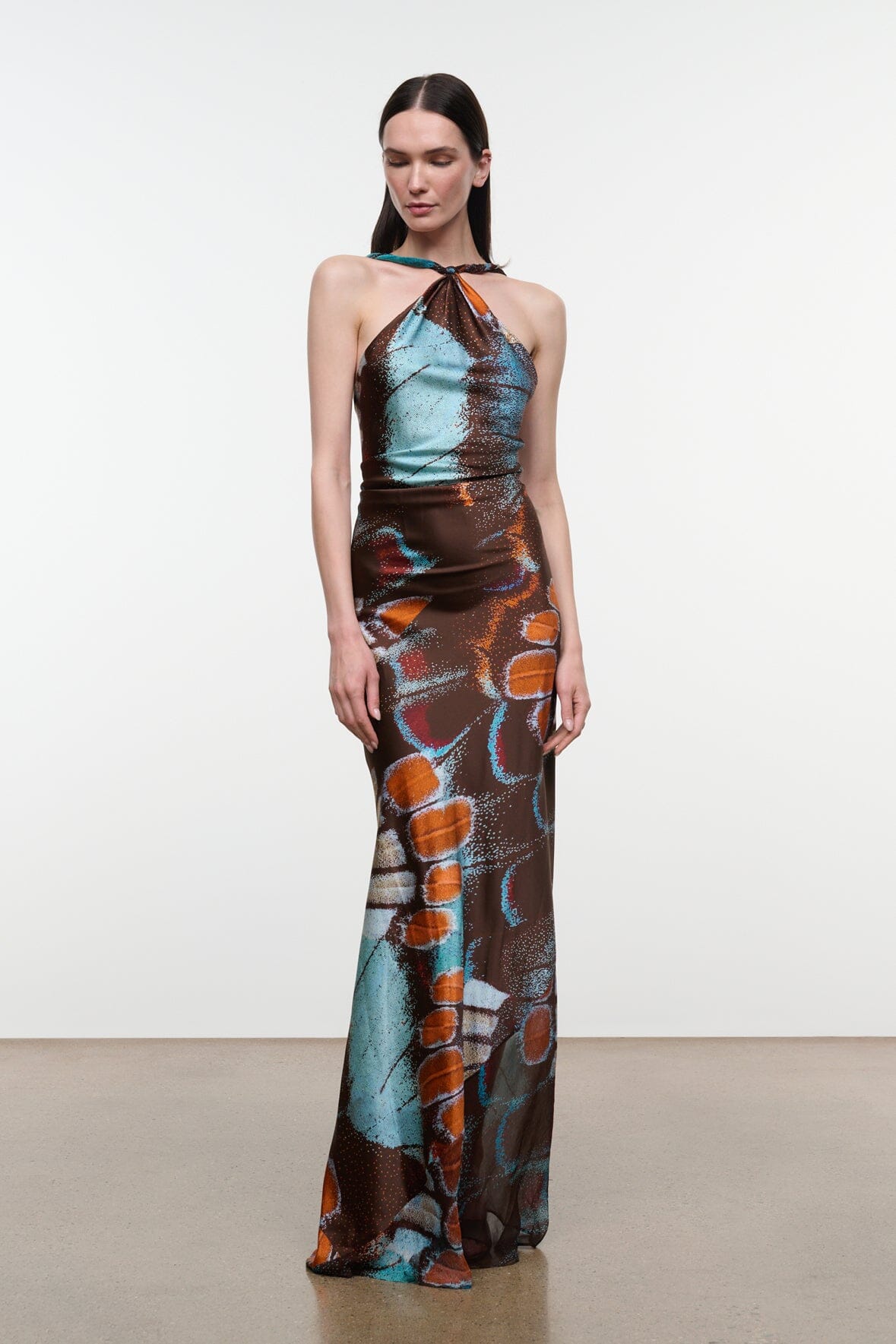 Silk halter maxi dress with multicolor abstract butterfly pattern, fitted skirt, sleeveless