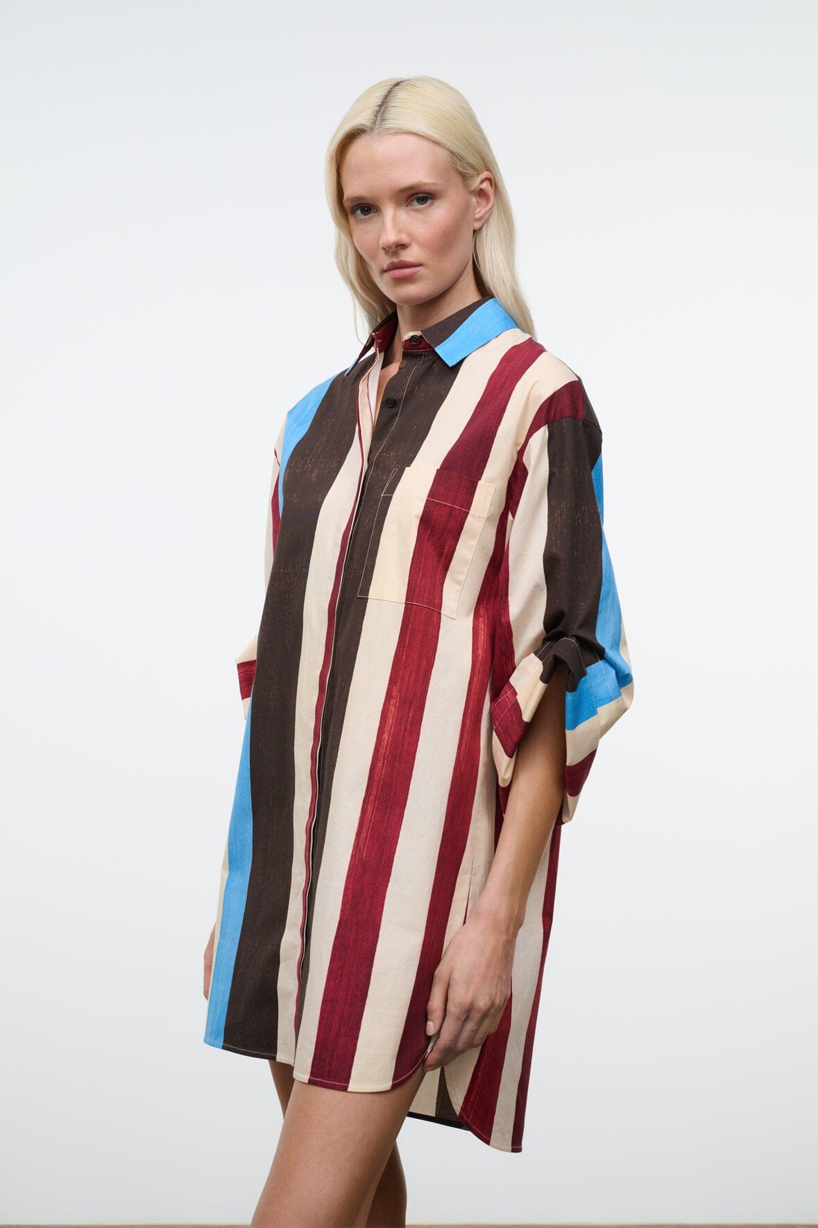 NICO shirt dress with vertical brown, cream, red & blue stripes, collared short sleeves