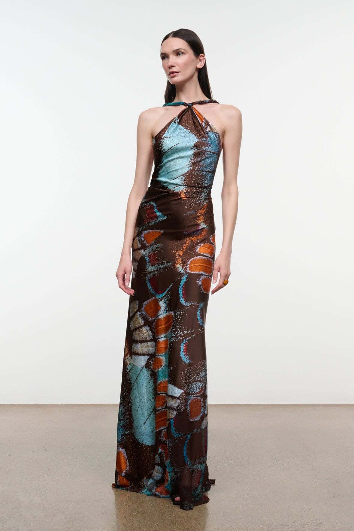 Silk halter maxi dress with multicolor abstract butterfly print, long fitted silhouette