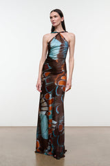 Silk halter maxi dress with multicolor abstract butterfly print, long fitted silhouette