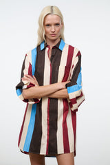 Striped shirt dress with collared neckline, button front, 3/4 sleeves in brown, cream, red & blue