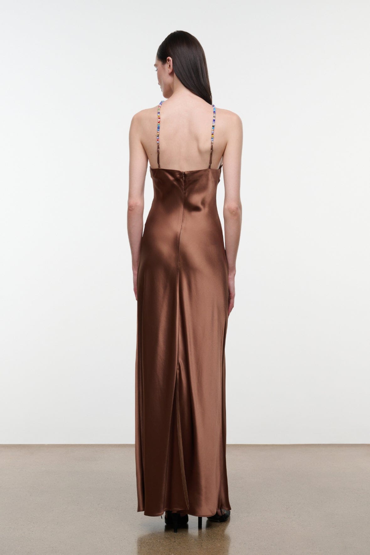 Chocolate-brown satin halter maxi dress, open back with thin beaded straps