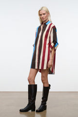 Vertical striped shirt dress with collared neck, 3/4 sleeves, above-knee length