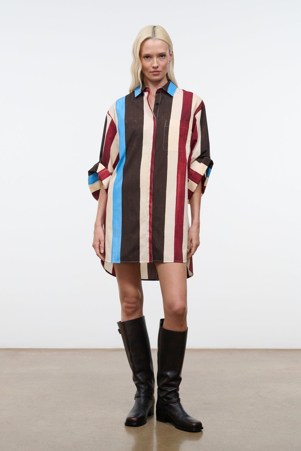 Striped shirt dress with collared neckline, above-knee length, 3/4 sleeves, button front