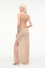 Champagne backless maxi slip dress with open back and long side slit