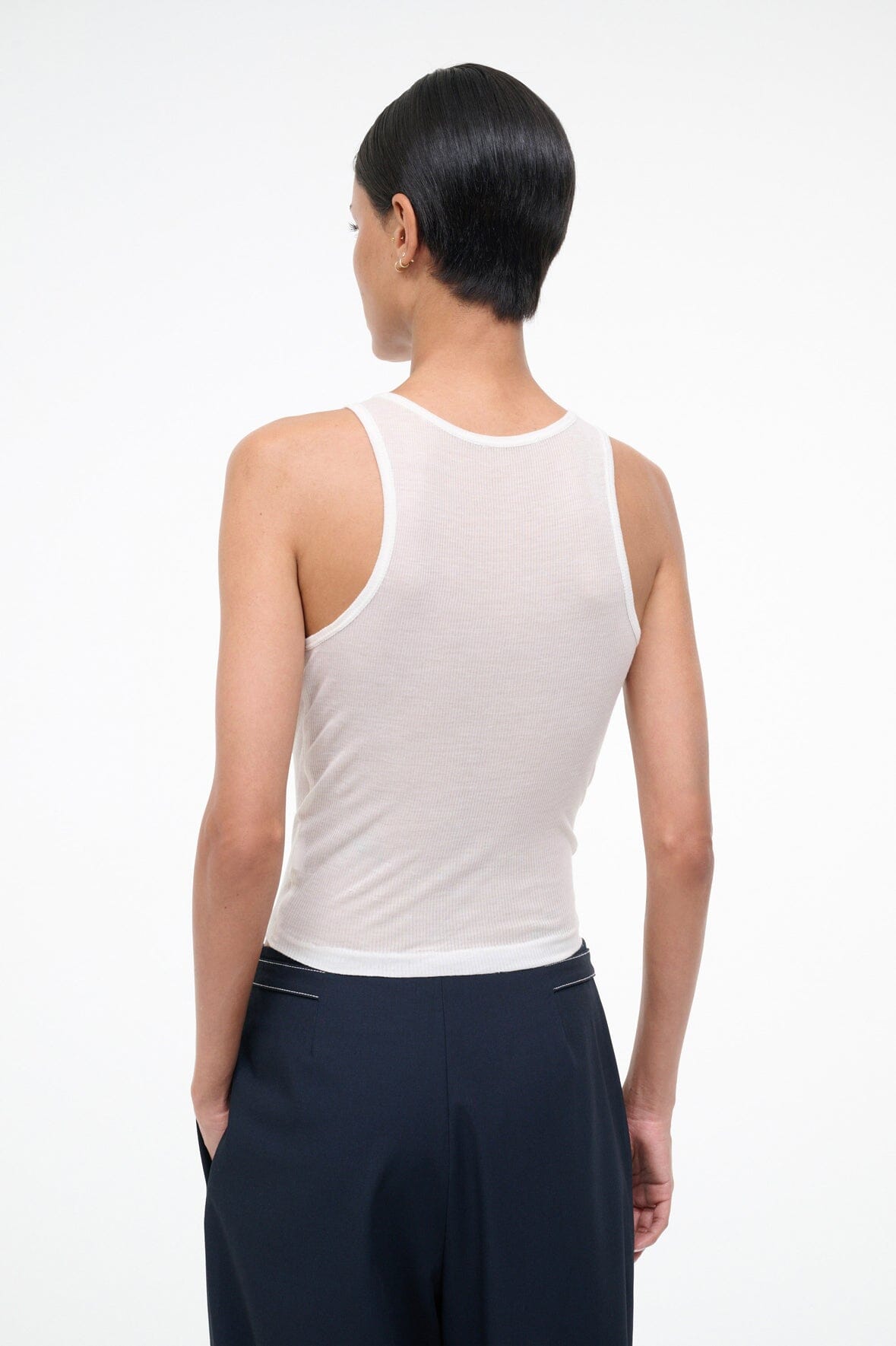 Ivory ribbed tank top, racerback style with back view