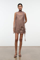 Taupe sleeveless mini dress with high neck and feather-trim accents