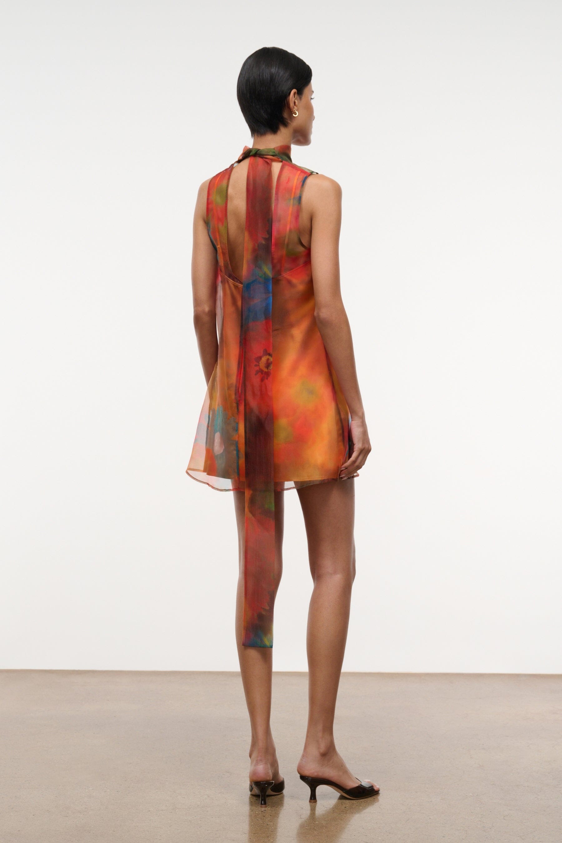 Multi-color sheer mini dress, back view with open neckline and slim straps
