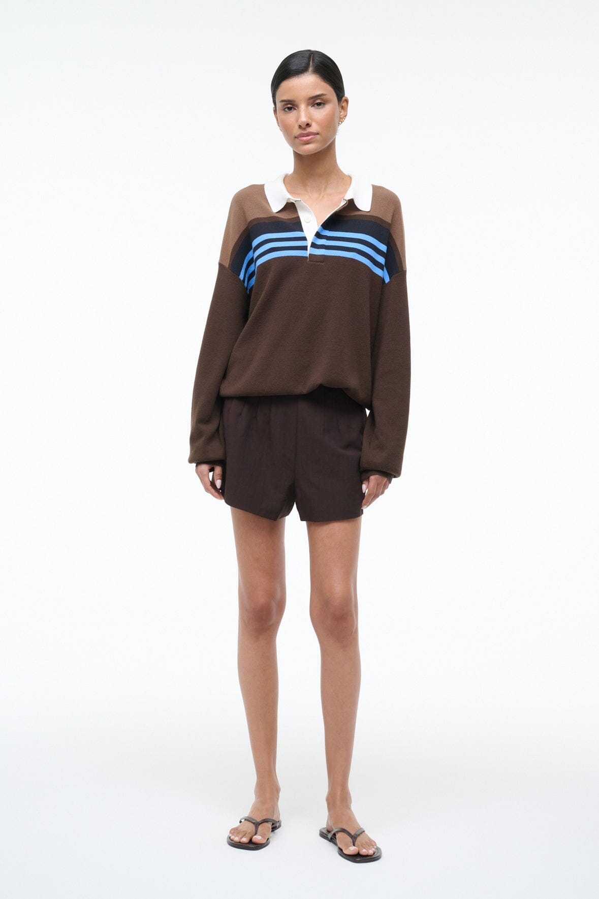 Brown pullover-style top with matching dark brown shorts, relaxed fit