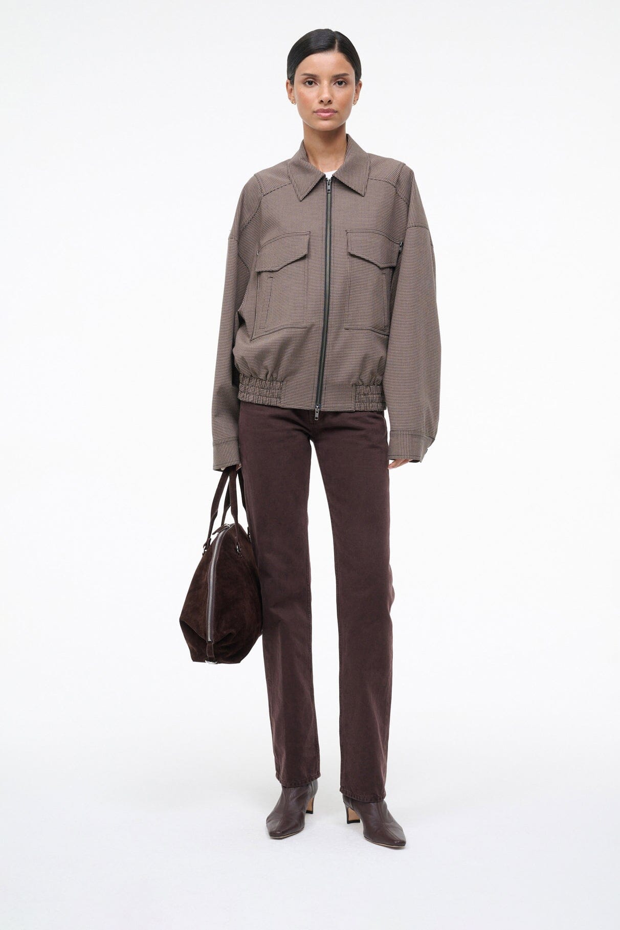 Espresso dark brown sock ankle boots styled with straight-leg pants