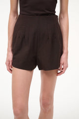 Dark brown high-waist shorts with front pleats and straight, relaxed legs