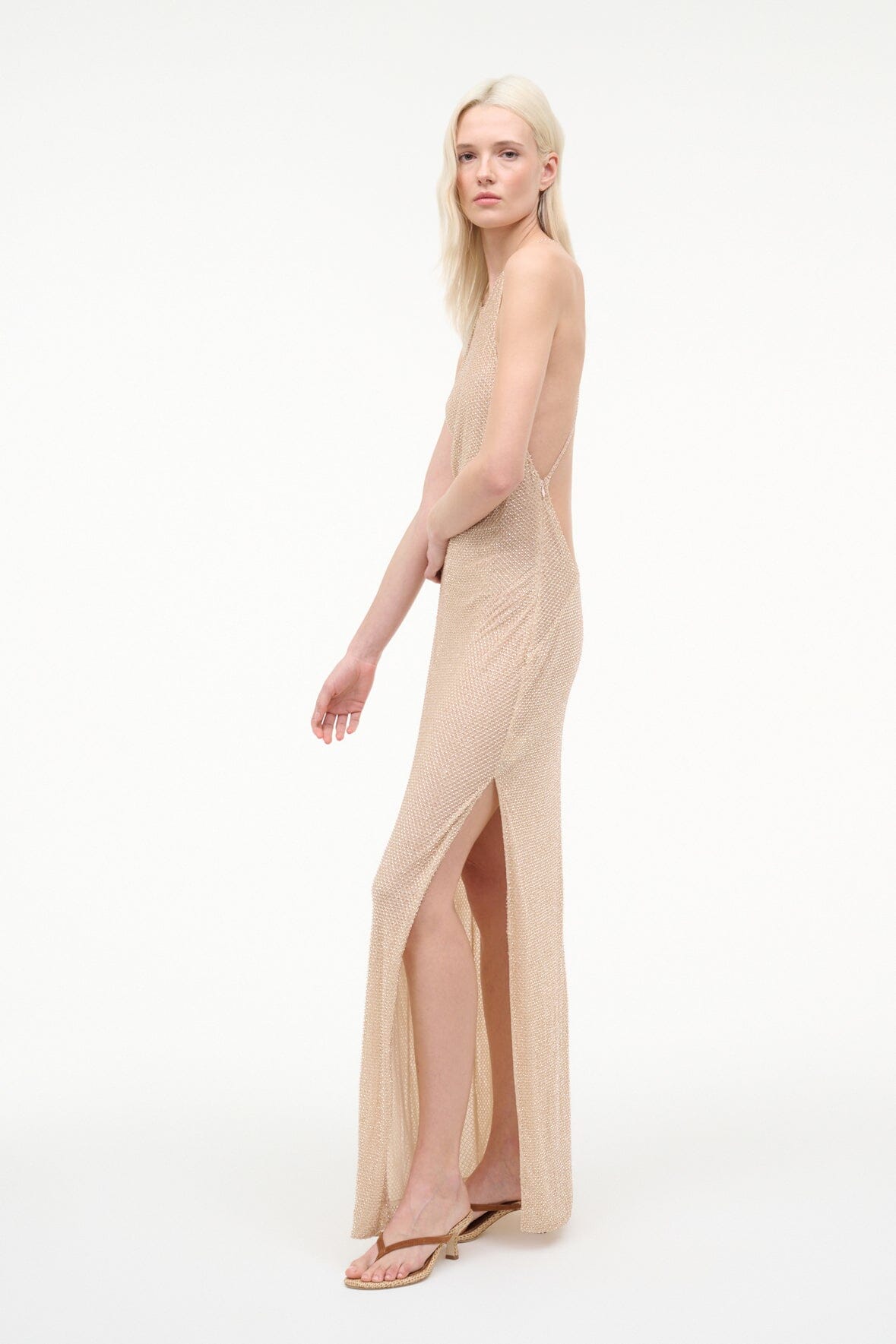 Champagne sleeveless maxi dress with high back and long front slit