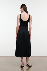 WELLS black jersey dress, sleeveless racerback midi with scoop back