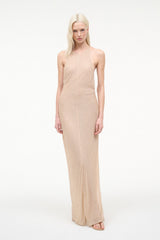 Champagne halter maxi dress with fitted shape and long side slit