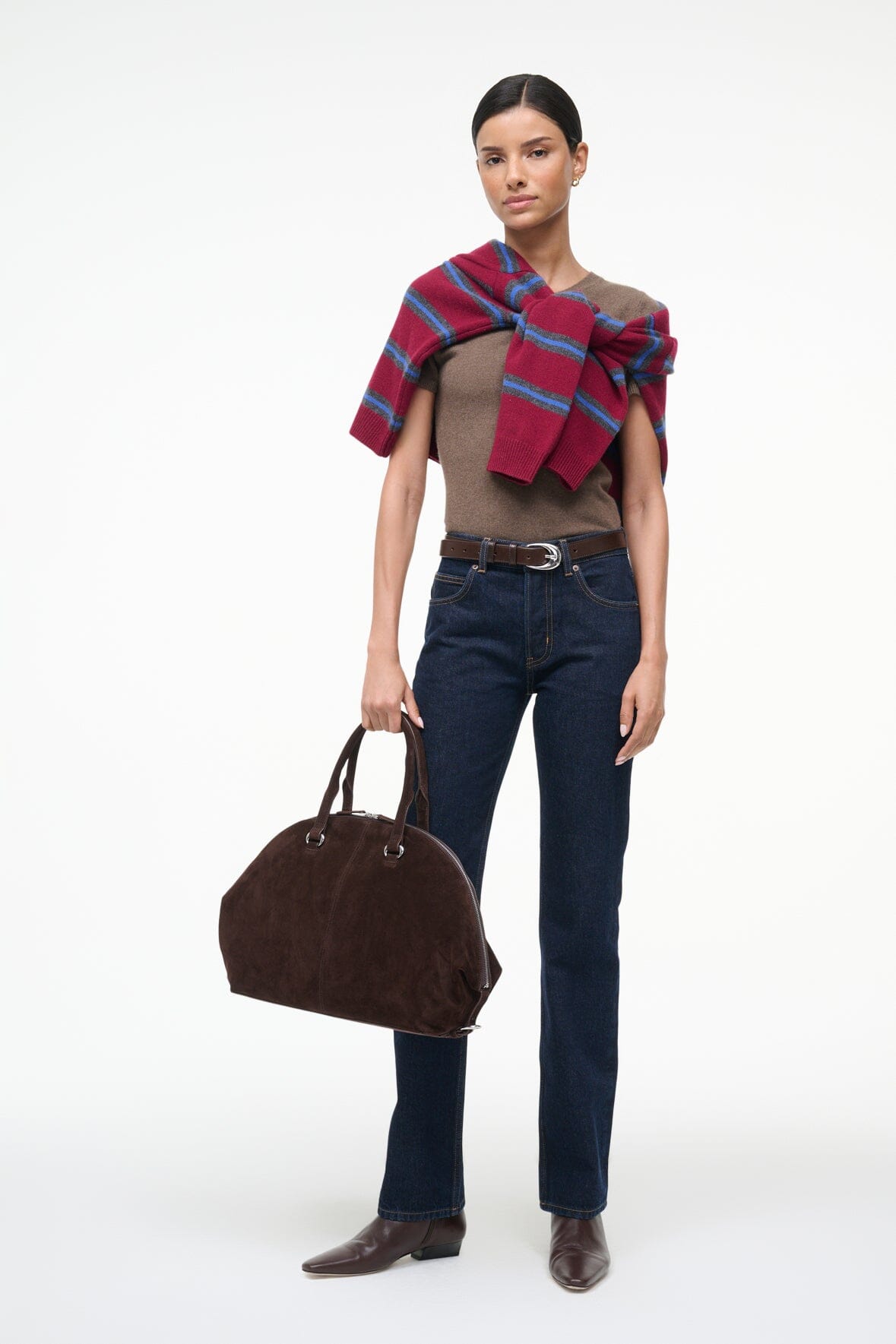 Dark brown cashmere tee with striped short sleeves and crew neckline.