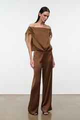Cigar brown silk wide-leg pants with elastic waistband and draped fabric