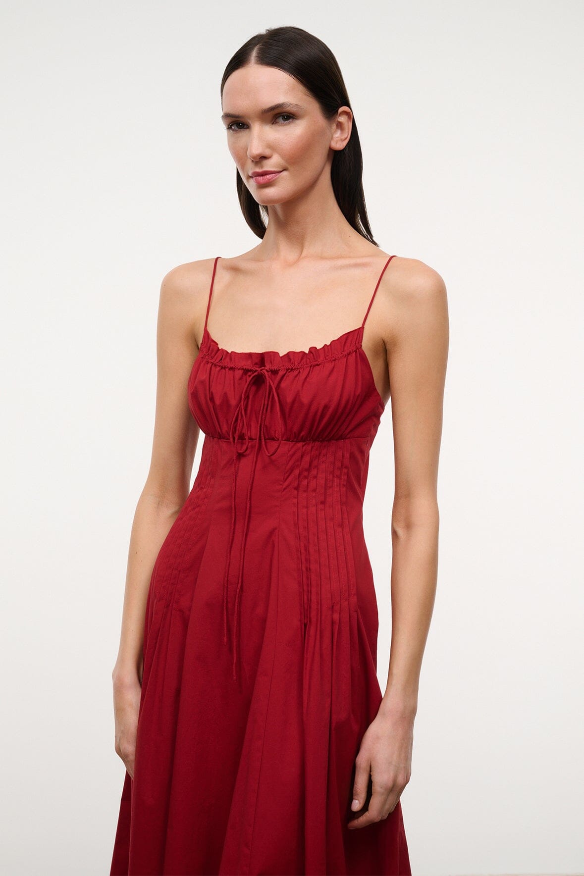 MARGI rouge red midi dress with spaghetti straps, ruched bodice