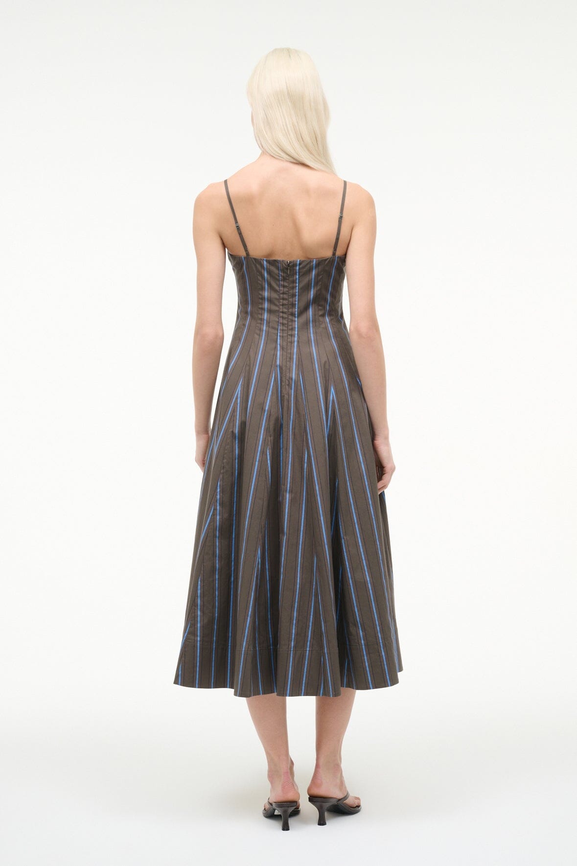 Back view: sleeveless midi dress with vertical stripes and open back