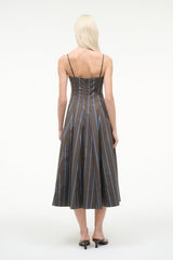 Back view: sleeveless midi dress with vertical stripes and open back