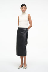 Black leather wrap midi skirt with side-tie detail at waist