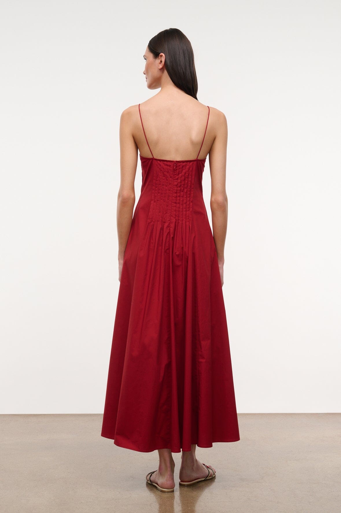 MARGI rouge red midi dress, open back with thin straps