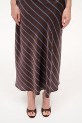 BRIGITTE high wedge sandals in dark espresso satin, open toe, with striped maxi skirt