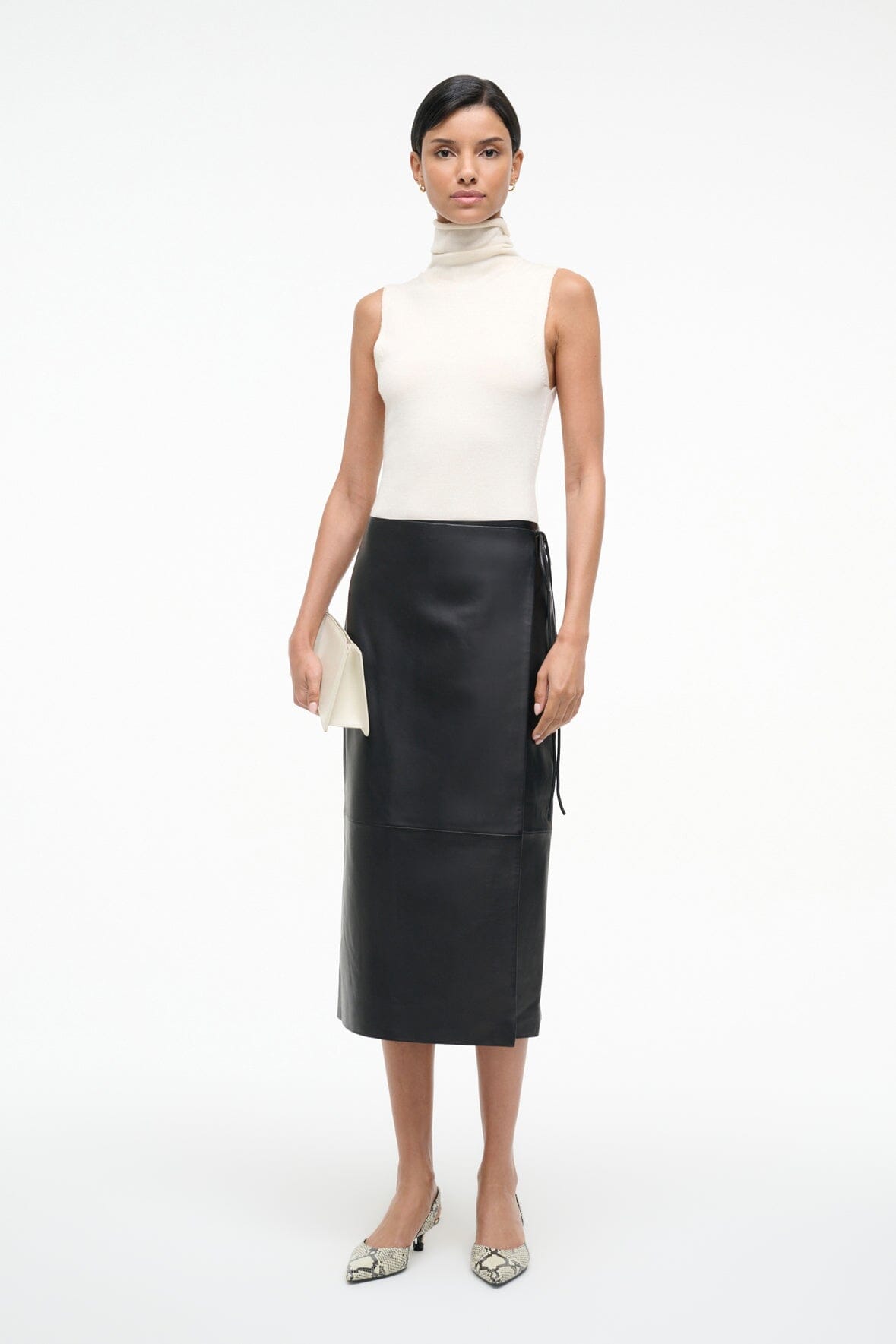 Black leather wrap midi skirt with center wrap and side tie strings