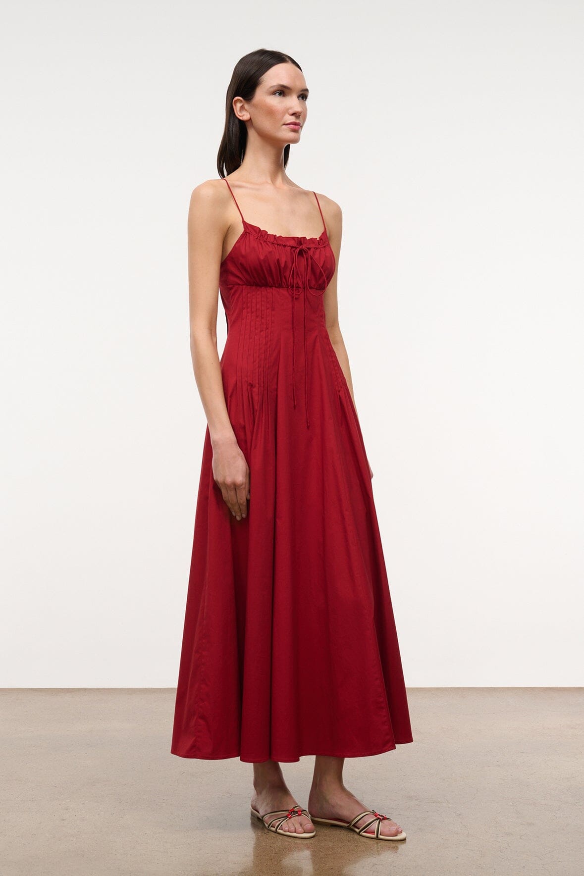 MARGI rouge red sleeveless midi dress with gathered bust and full skirt