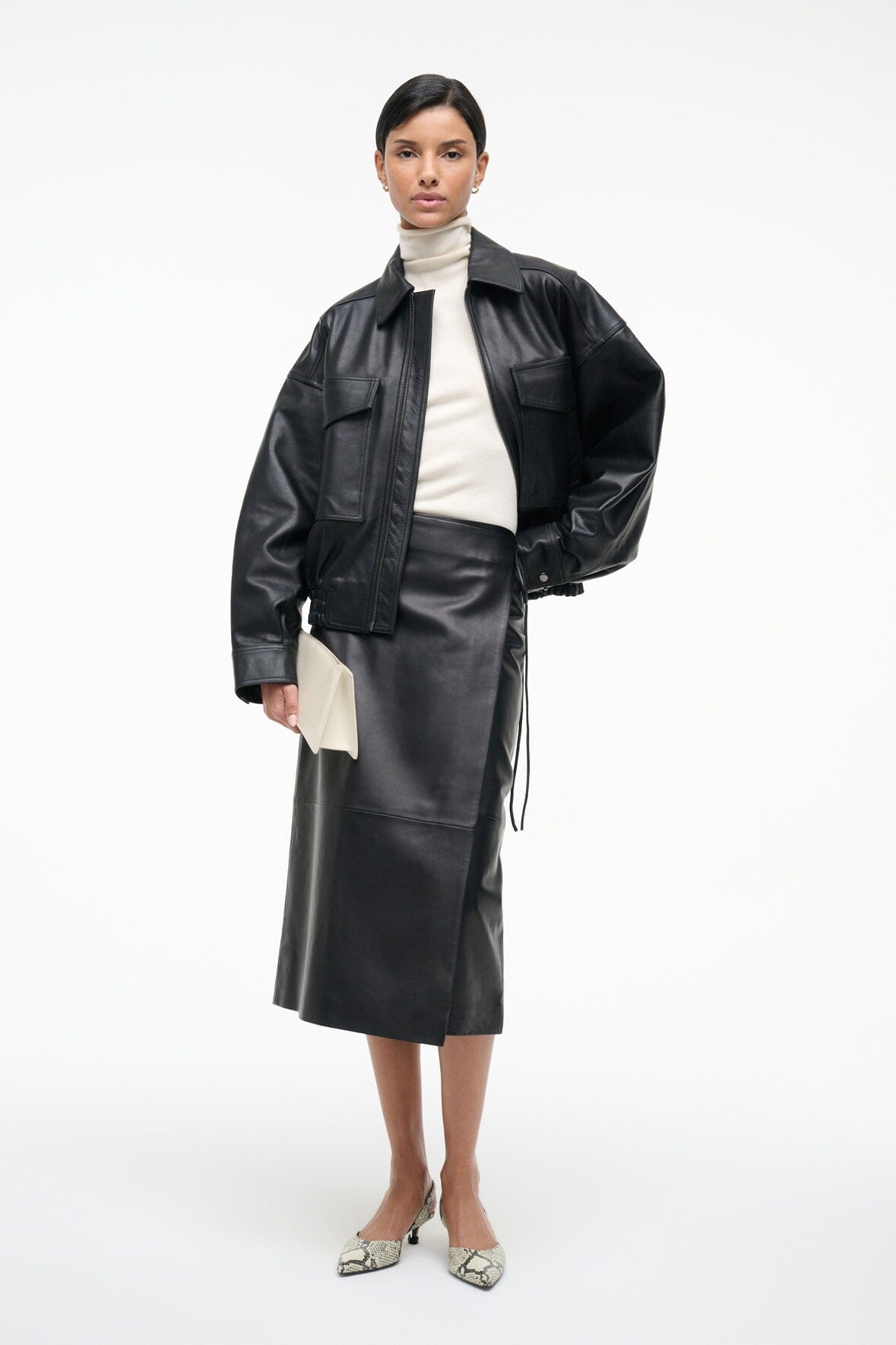 Black leather wrap midi skirt with long waist tie and front wrap