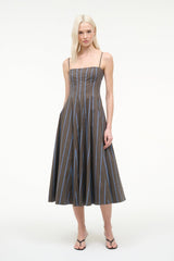 Sleeveless midi dress with vertical stripes, fitted bodice and gathered skirt