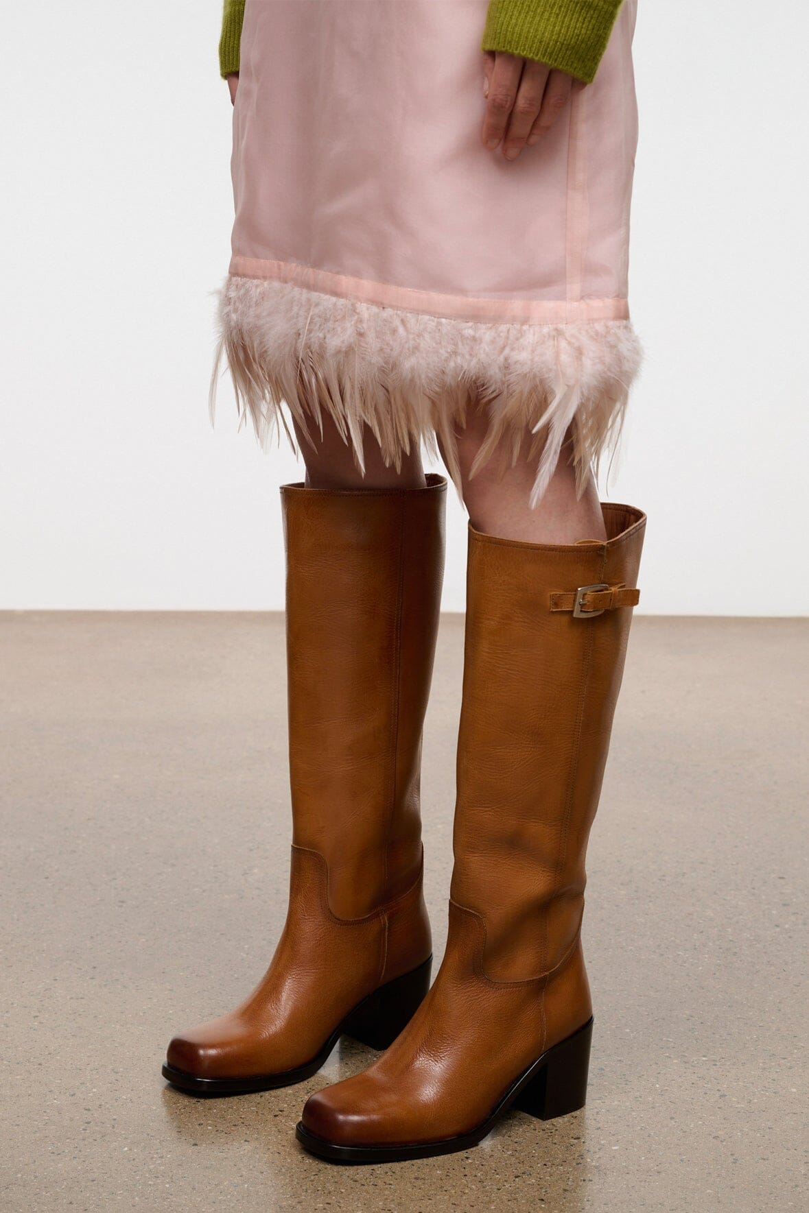 Cashew brown knee-high boots, block heel and side buckle strap