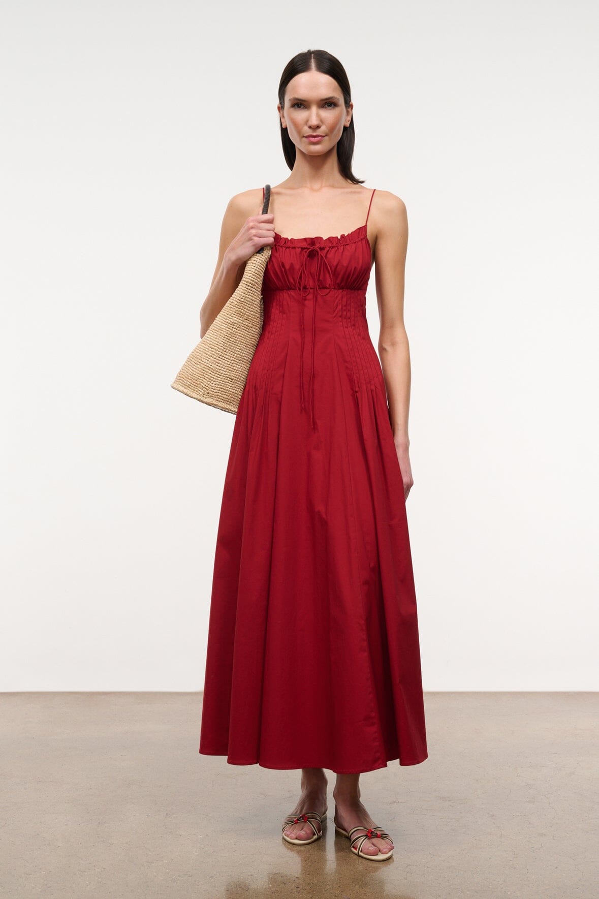 MARGI rouge red midi dress with spaghetti straps and gathered, tiered skirt