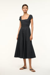 Black short-sleeve midi dress, square neckline, cinched waist, pleated full skirt