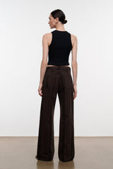 Dark brown espresso-striped relaxed jeans viewed from behind, wide leg
