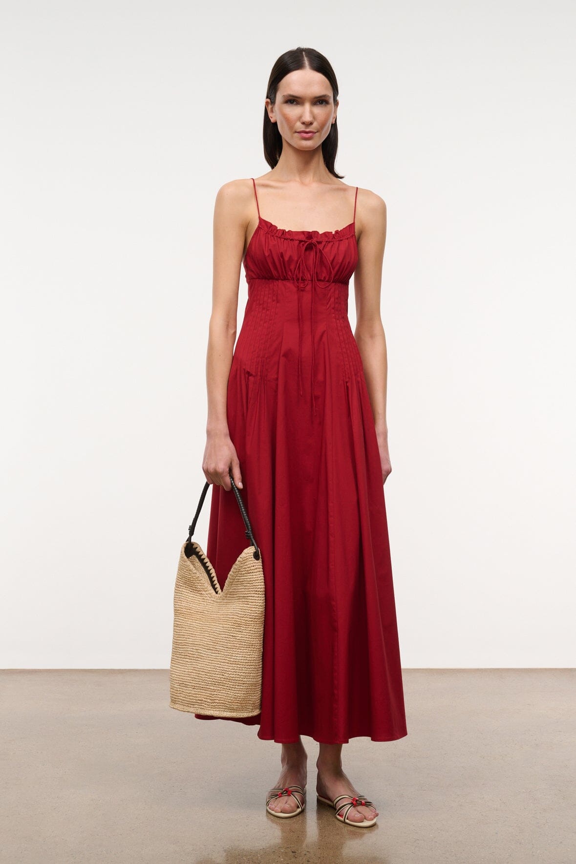 MARGI rouge red midi dress with ruched bust and thin shoulder straps