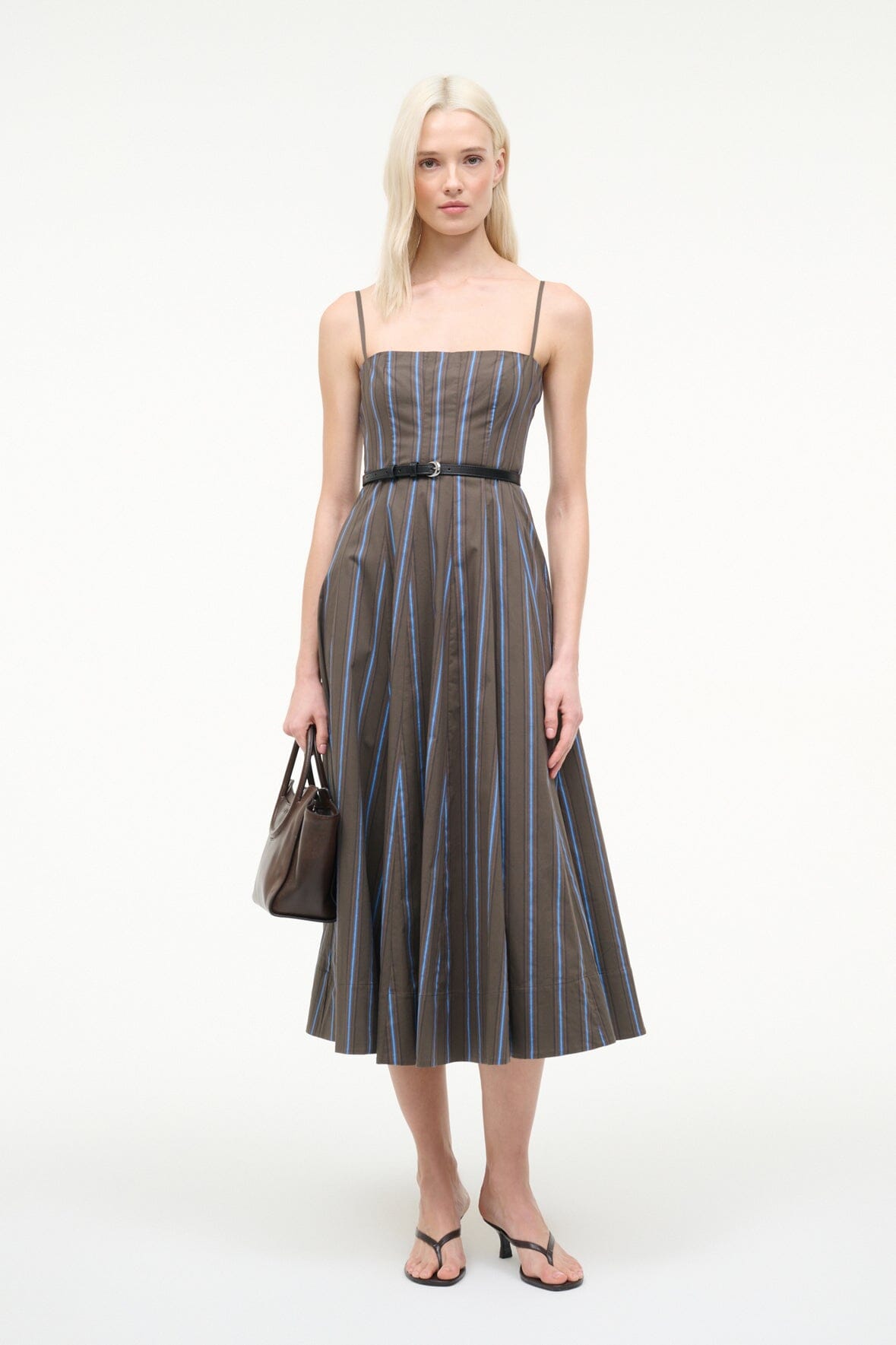 Sleeveless midi dress with vertical stripe pattern, square neckline, pleated skirt