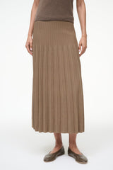 Brown ribbed knit midi skirt with pleated vertical texture and elastic waistband