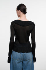 Black long-sleeve top with ruffled back yoke and gathered hem