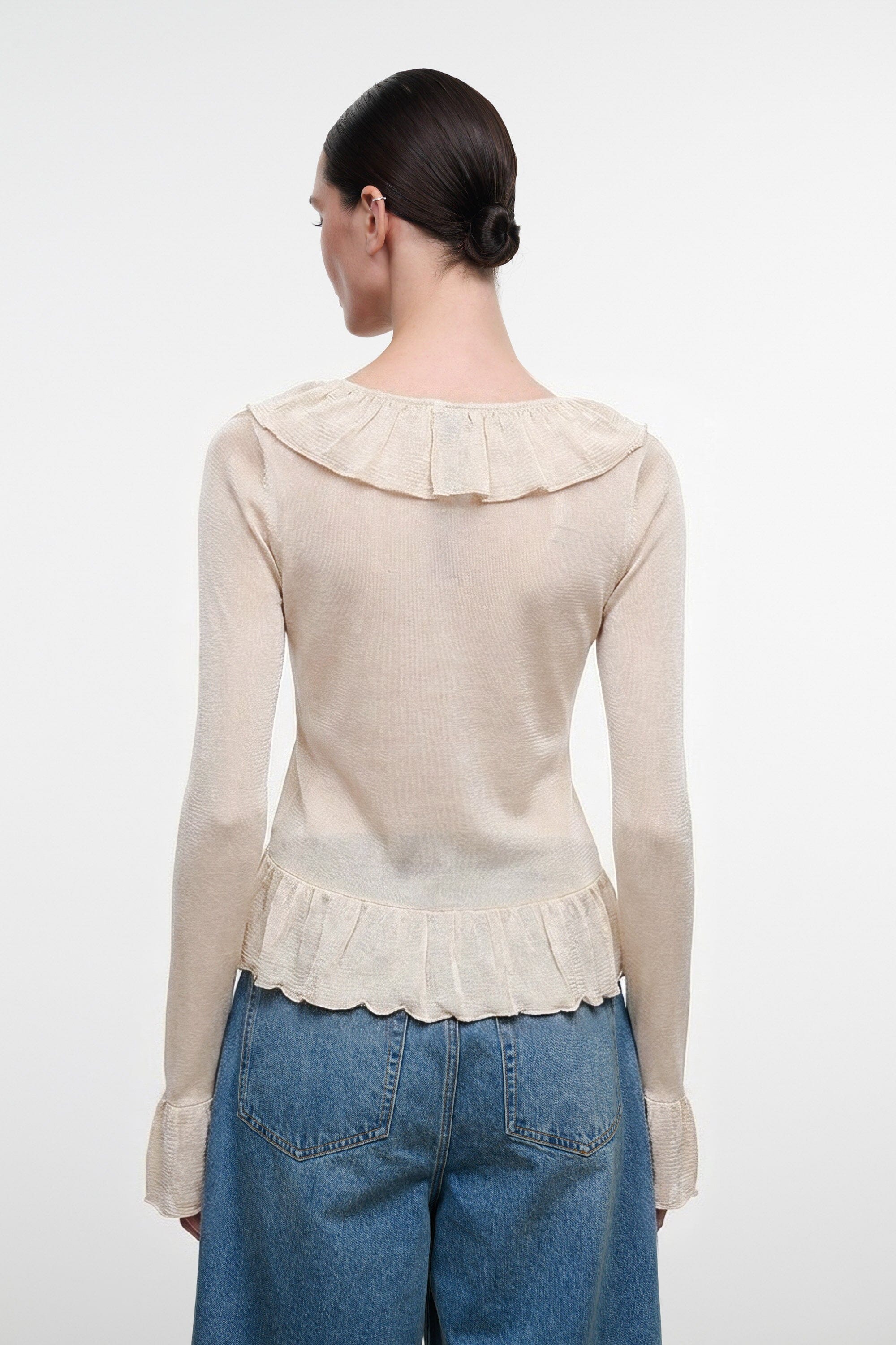 Champagne KIKO top with back ruffle yoke and peplum hem, long sleeves