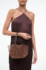 Multi-color beaded bucket bag with textured woven pattern and rope handles