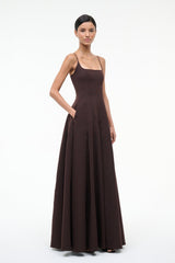 JOY maxi dress dark brown with square neckline and fitted bodice, flared pleated maxi skirt