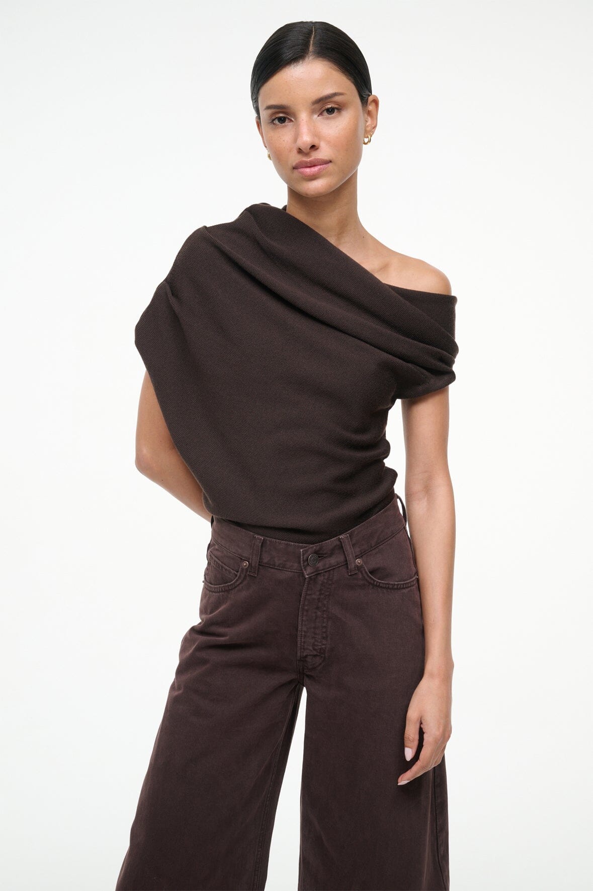 Draped MABEL sweater in dark brown, cowl neck with off-shoulder wrap