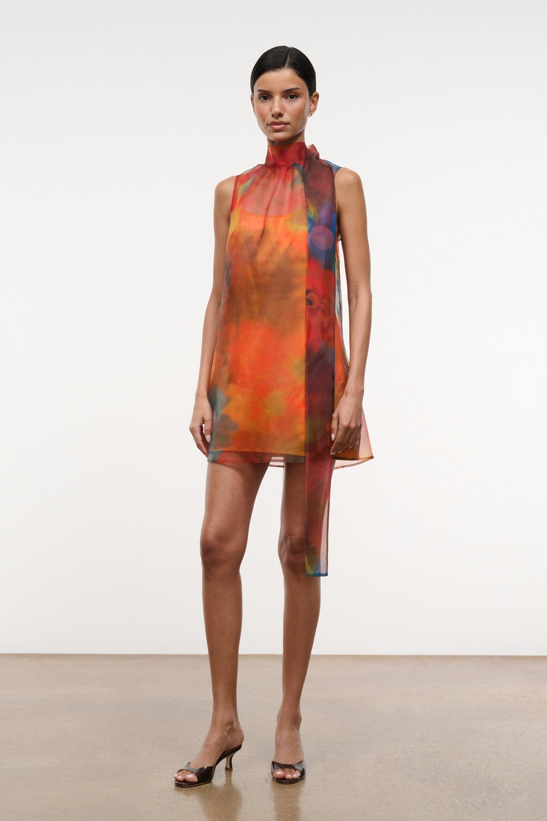 Multi-color sheer mini dress with high neck, sleeveless fit, straight hem
