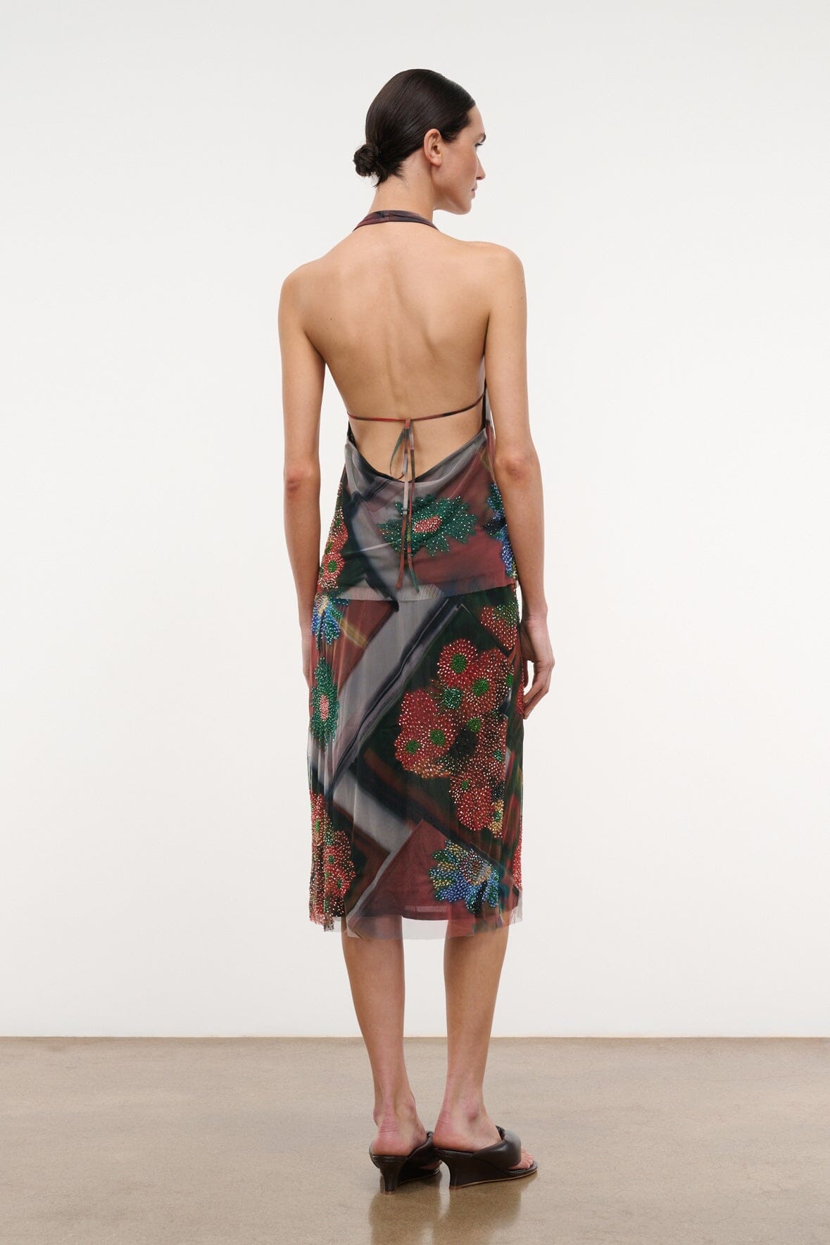 LUCIA skirt midi length with back tie waist and multicolor beaded floral patchwork