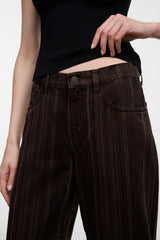 Dark brown espresso-striped relaxed jeans close-up: button waist and front pockets