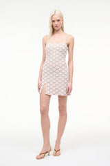 Pearl scallop-pattern mini dress with spaghetti straps, square neck, and front slit