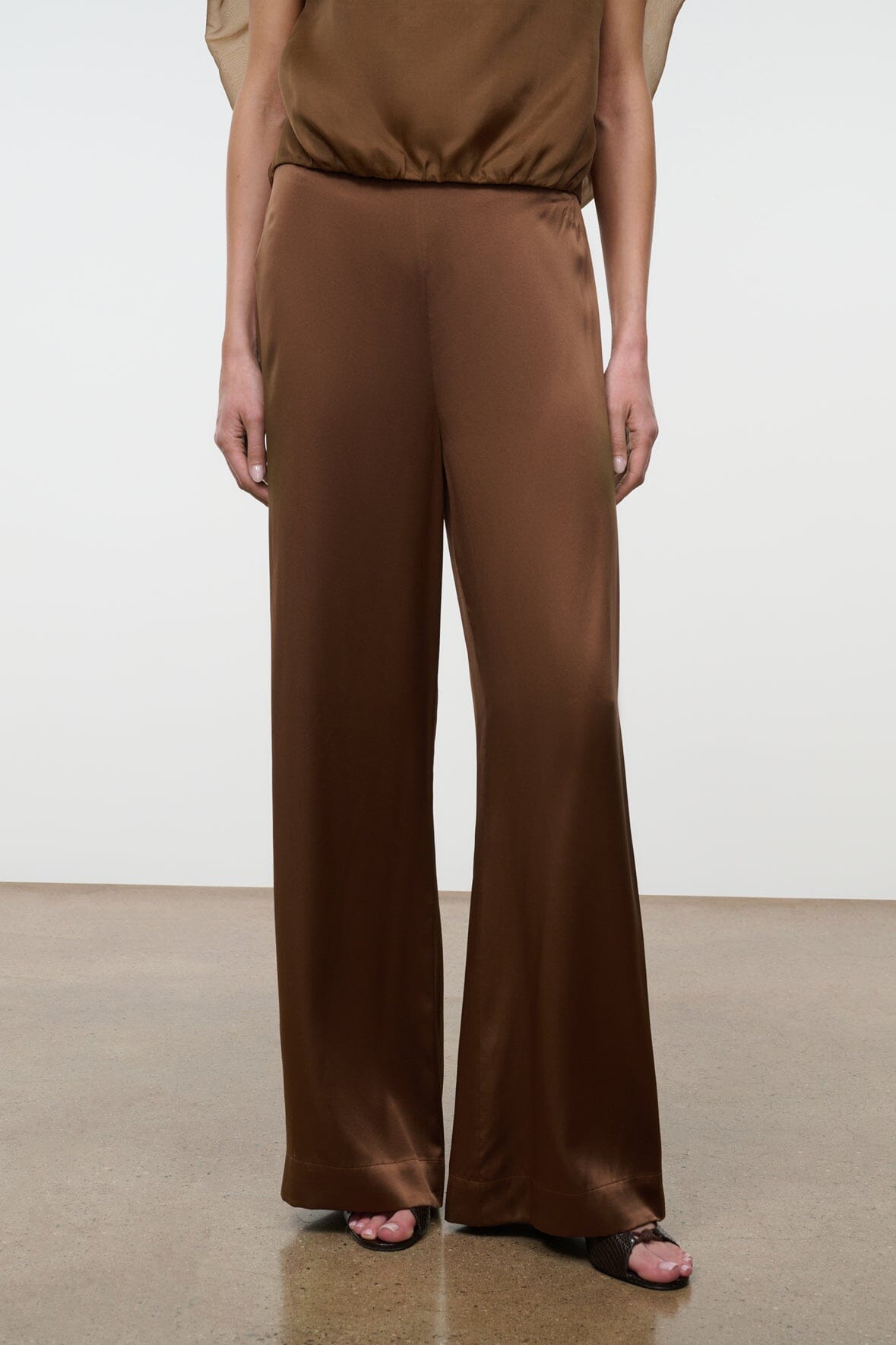 Cigar brown silk wide-leg pants with flowing straight fall and side seams