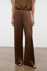 Cigar brown silk wide-leg pants with flowing straight fall and side seams