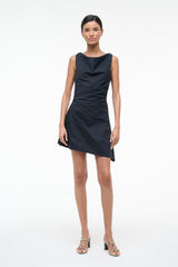 Black sleeveless mini dress with draped bodice and fitted waist, front view