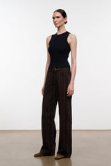 Dark brown relaxed jeans with espresso pinstripes and wide, straight legs